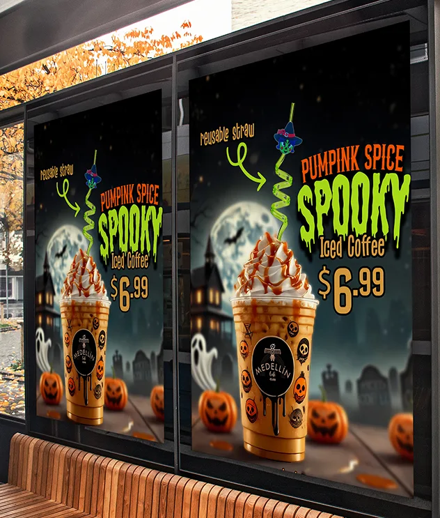 Advertising piece for a coffee brand featuring a Halloween-themed poster with spooky decorations