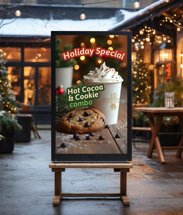 Advertising piece for a coffee brand featuring a Christmas-themed poster promoting cocoa, with festive decorations, a steaming mug of cocoa, candy canes, and holiday elements like snowflakes and ornaments.