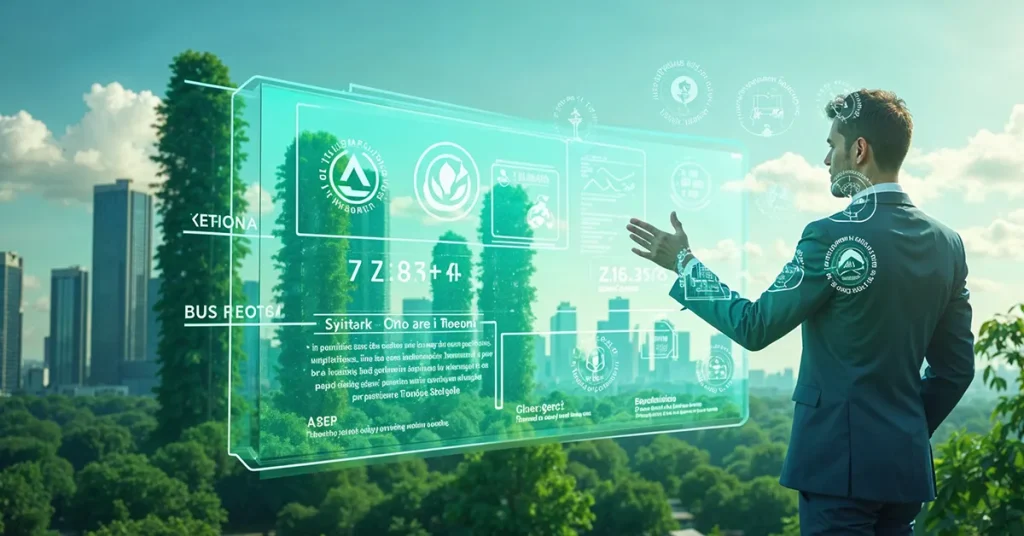 Green marketing concept with a futuristic city, eco-friendly business strategies, and transparent sustainability reporting.